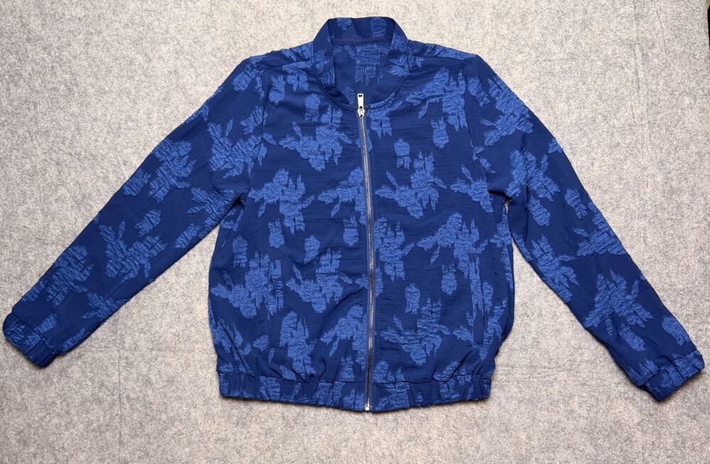 Womens S Navy Blue Floral Jacquard Bomber Jacket Lightweight Full Zip Textured